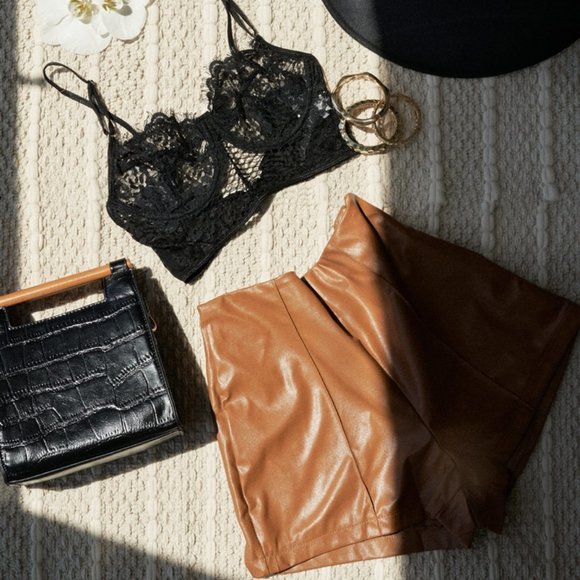 Sublime Vegan Leather High Waist Camel Mini Shorts - Picture 5 of 8